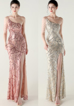 Women One Shoulder Beaded Sequin Embroidery Formal Party Prom Wedding Evening Dress