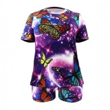 Plus Size Women Butterfly Print Casual Short Sleeve Top and Shorts Two-Piece Set