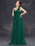 Women sequined bow elegant v-neck ball suspender evening dress（Processing time need 3-6 days）