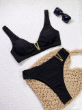 Women Bikini Solid Sexy One-shoulder Strap Two Pieces Swimwear