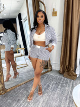 Women Spring and Summer Career Casual Turndown Collar Striped Long Sleeve Shirt Shorts Two-piece Set Women Spring and Summer Career Casual Turndown Collar Striped Long Sleeve Shirt Shorts Two-piece Set
