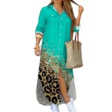 Plus Size Women Turndown Collar Shirt Contrast Dress