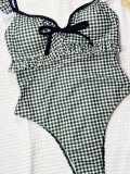 Women Retro Pink Plaid Sexy Open Back Lace-Up Holidays One-piece Swimwear
