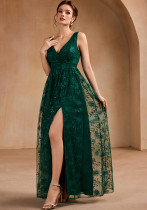 Women High Mesh Embroidered V-Neck Slit Evening Dress(Processing time need 3-6 days) Women High Mesh Embroidered V-Neck Slit Evening Dress(Processing time need 3-6 days)