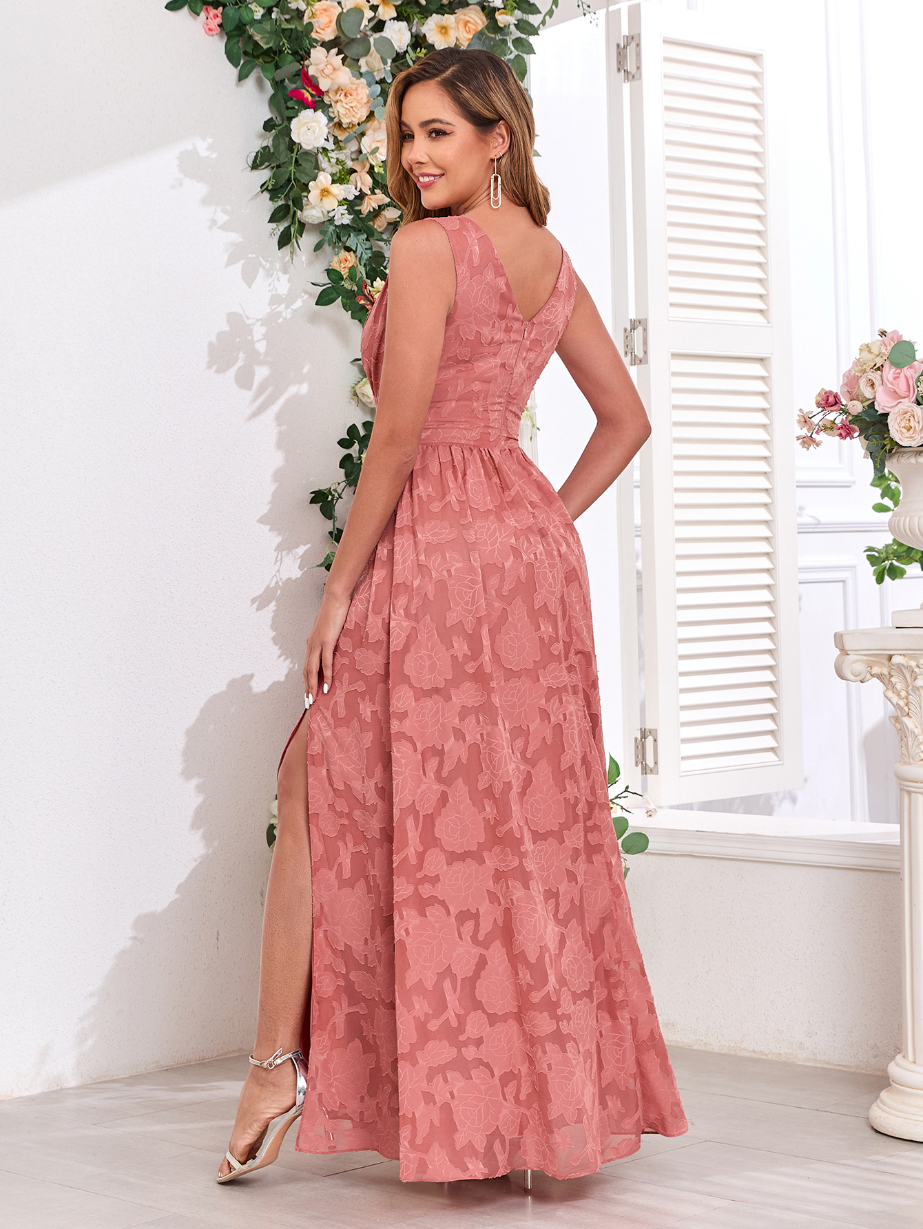 Women Printed Chiffon Party Sleeveless V-Neck Slit Evening Dress(Processing time need 3-6 days)