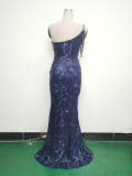 Women One Shoulder Beaded Sequin Embroidery Formal Party Prom Wedding Evening Dress