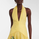 Women's Summer Deep V Halter Neck Low Back Printed A-line Dress
