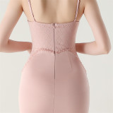 Women Strappy Heart-Shaped Lace Grid Embroidery Beaded Fishbone Formal Party Evening Dress