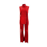 Women's Sexy Belt High Waist Bell Bottom Pants V-Neck Sleeveless Top Two Piece Set