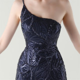Women One Shoulder Beaded Geometric Sequin Formal Party Prom Wedding Evening Dress