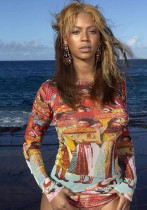 Women's Spring/Summer Fashion Mesh Print Round Neck Long Sleeve T-Shirt Women's Spring/Summer Fashion Mesh Print Round Neck Long Sleeve T-Shirt