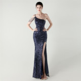 Women One Shoulder Beaded Sequin Embroidery Formal Party Prom Wedding Evening Dress
