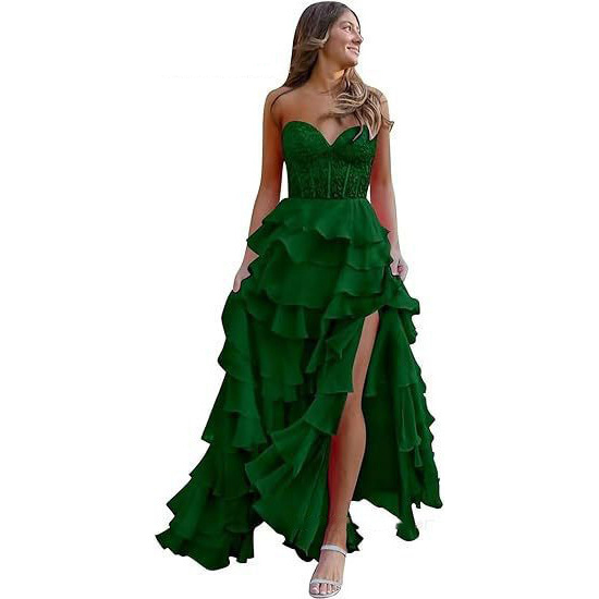 Women suspender Strapless Spring Summer sexy slit party ball Cascading Ruffles Evening Dress(Processing time need 3-6 days)