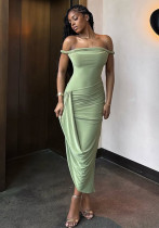Women's Fashion Spring/Summer Sexy Off Shoulder Low Back Ruched Slim Long Dress