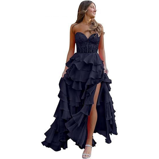 Women suspender Strapless Spring Summer sexy slit party ball Cascading Ruffles Evening Dress(Processing time need 3-6 days)