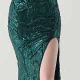 Women One Shoulder Beaded Sequin Embroidery Formal Party Prom Wedding Evening Dress
