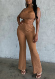 Women's Casual Sleeveless One Shoulder Crop Top Loose Wide Leg PantsTwo Piece Set