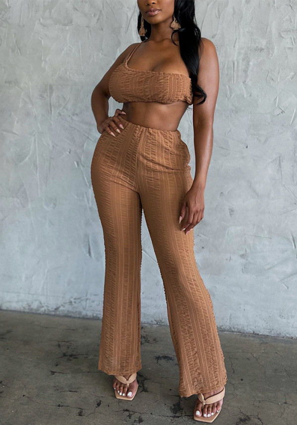 Women's Casual Sleeveless One Shoulder Crop Top Loose Wide Leg PantsTwo Piece Set