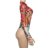 Women's Spring/Summer Fashion Mesh Print Round Neck Long Sleeve T-Shirt