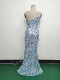 Women One Shoulder Beaded Sequin Embroidery Formal Party Prom Wedding Evening Dress