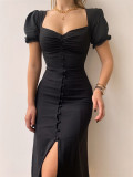 Women's Spring/Summer Chic V-Neck Single Breasted Midi Dress