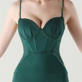 Women Strappy Heart-Shaped Lace Grid Embroidery Beaded Fishbone Formal Party Evening Dress