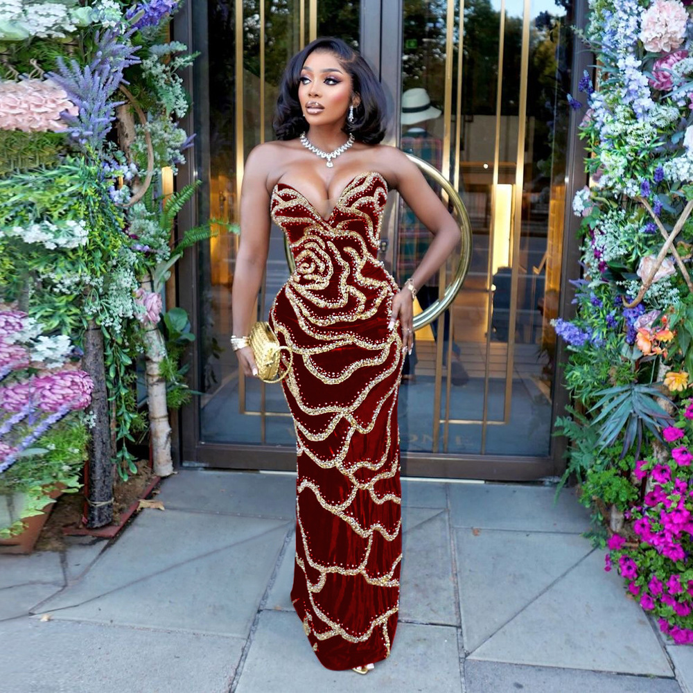 V-Neck Strapless Luxury Sequin Formal Party Long Dress