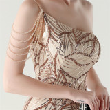Women One Shoulder Beaded Sequin Embroidery Formal Party Prom Wedding Evening Dress