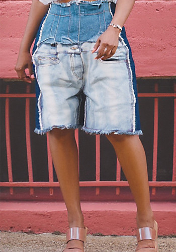 Women's Fashion High Waist Distressed Patchwork Denim Shorts