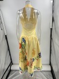 Women's Summer Deep V Halter Neck Low Back Printed A-line Dress