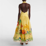 Women's Summer Deep V Halter Neck Low Back Printed A-line Dress
