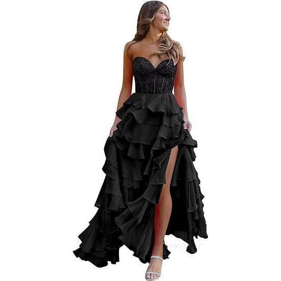 Women suspender Strapless Spring Summer sexy slit party ball Cascading Ruffles Evening Dress(Processing time need 3-6 days)