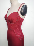 Women Strappy Heart-Shaped Lace Grid Embroidery Beaded Fishbone Formal Party Evening Dress