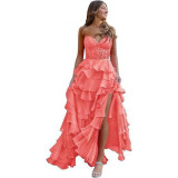 Women suspender Strapless Spring Summer sexy slit party ball Cascading Ruffles Evening Dress（Processing time need 3-6 days）