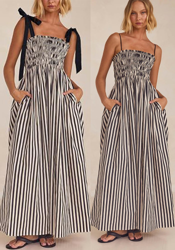Women's Spring/Summer Striped Elastic Sexy Pocket Strap Loose Casual Dress