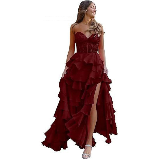 Women suspender Strapless Spring Summer sexy slit party ball Cascading Ruffles Evening Dress(Processing time need 3-6 days)