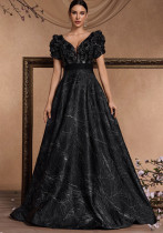 Women's Elegant Chic Sequin Patchwork Short Sleeve Cocktail Formal Evening Dress