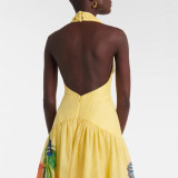 Women's Summer Deep V Halter Neck Low Back Printed A-line Dress
