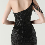 Women One Shoulder Beaded Sequin Embroidery Formal Party Prom Wedding Evening Dress