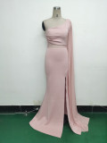 Women One Shoulder Slant Back Patchwork Mesh Formal Party Evening Dress