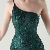 Women One Shoulder Beaded Geometric Sequin Formal Party Prom Wedding Evening Dress
