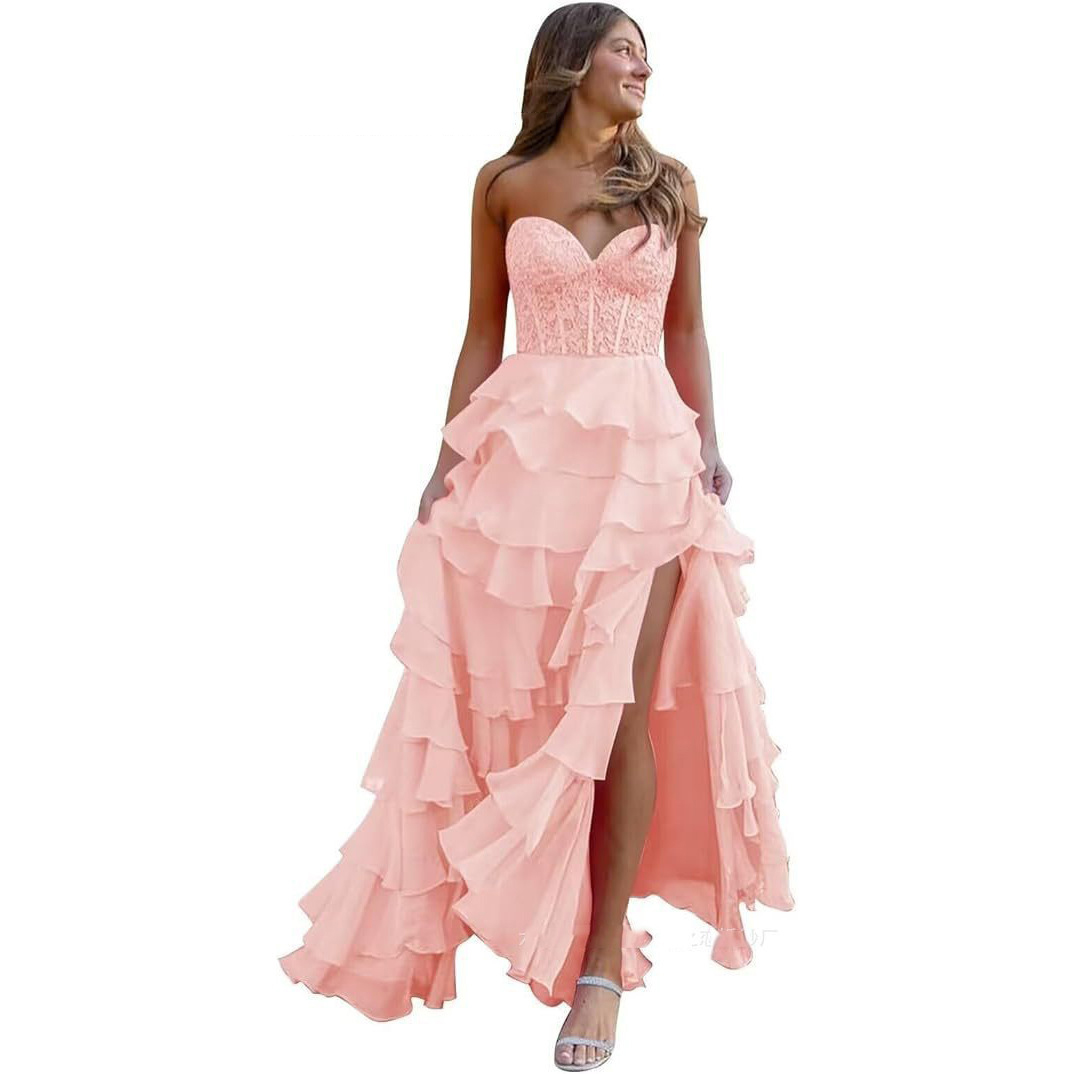 Women suspender Strapless Spring Summer sexy slit party ball Cascading Ruffles Evening Dress(Processing time need 3-6 days)