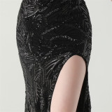 Women One Shoulder Beaded Geometric Sequin Formal Party Prom Wedding Evening Dress