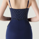Women Strappy Heart-Shaped Lace Grid Embroidery Beaded Fishbone Formal Party Evening Dress