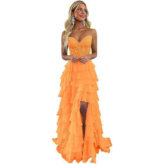 Women suspender Strapless Spring Summer sexy slit party ball Cascading Ruffles Evening Dress(Processing time need 3-6 days)