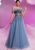 Women's Elegant Sequin Mesh Off Shoulder Chic A-Line Floor Length Cocktail Formal Evening Dress