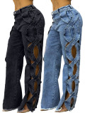 Spring/Summer Women's Side Cutout Denim Patchwork Trousers