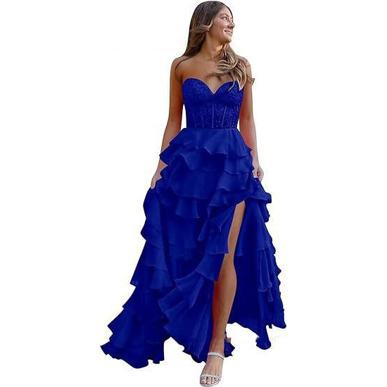 Women suspender Strapless Spring Summer sexy slit party ball Cascading Ruffles Evening Dress(Processing time need 3-6 days)