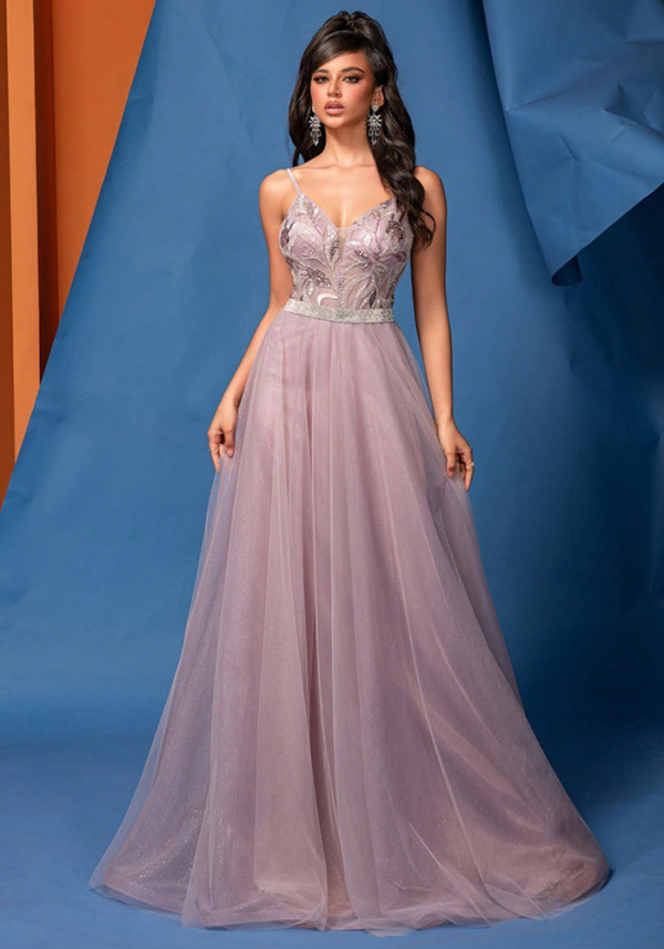 Women's Elegant A-Line Low Back Beaded Mesh Pink Sequin Strap Bridesmaid Formal Evening Dress
