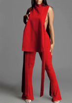 Women's Sexy Belt High Waist Bell Bottom Pants V-Neck Sleeveless Top Two Piece Set